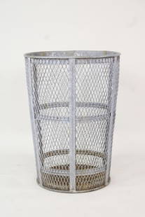 Industrial Galvanized Metal Mesh Trash Can: Industrial Galvanized Metal Mesh Trash Can. Round tapered trash receptacle made of galvanized metal and wire mesh. Dimensions are 33 in h x 24 in w x 24 in d. Condition is good with some minor
