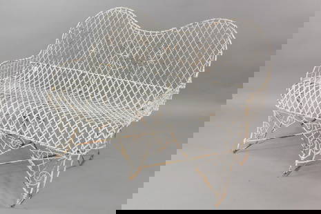19th C. Victorian Galvanized Wire Settee Garden Bench: 19th C. Victorian Galvanized Wire Settee Garden Bench. This white painted bench is intricately made of Galvanized wire.. Dimensions are 34 in h x 50 in w x 27 in d. Seat rise is 18 in h. Condition