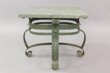 Green Painted Wrought Iron Side Table with Green Marble Top