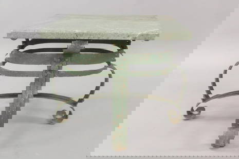 Green Painted Wrought Iron Side Table with Green Marble Top: Green Painted Wrought Iron Side Table with Green Marble Top. This scrolled design wrought iron base has a thick marble top, the top barely is large enough but fits perfectly. Dimensions are 16.5 in h