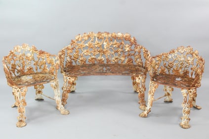 Victorian Cast Iron Grapevines Garden Bench and Chairs Set