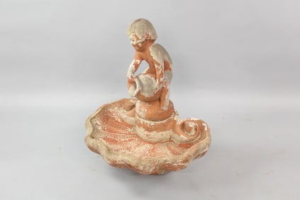 Cast Stone Concrete Boy on Seashell Fountain, Garden Ornament