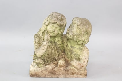 19th C. Carved Limestone Sculpture Two Children Embracing
