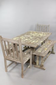 Lichen Covered Teak Outdoor Dining Set, Table, Chairs and Benches