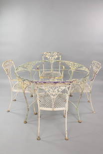 Wrought Iron Woodard "Orleans" Patio Table and Chairs Set: Wrought Iron Woodard "Orleans" Patio Table and Chairs Set. No glass but and the mesh seats of the chairs need to have welded repairs done.. Dimensions are 29 in h x 48 in w x 48 in d. Chairs Dimension