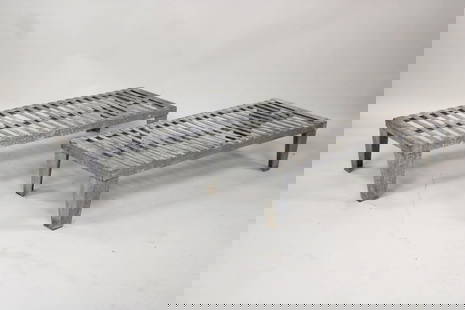 Pair of Industrial Galvanized Slatted Metal Plant Stands: Pair of Industrial Galvanized Slatted Metal Plant Stands. These are very solid and sturdy and could be used for plants or architectural purposes. Likely used originally as a dunnage (storage) racks. S
