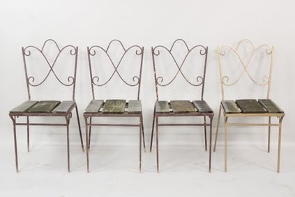 Set of 4 Wrought Iron Outdoor Chairs with Wood Seats