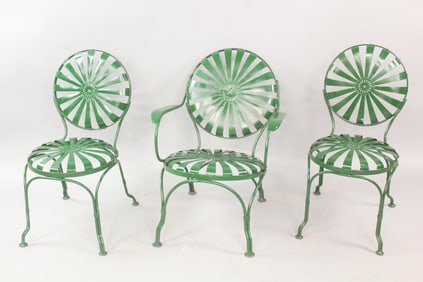 Set of 3 Metal Sunburst Outdoor Chairs, Style of Francois Carre