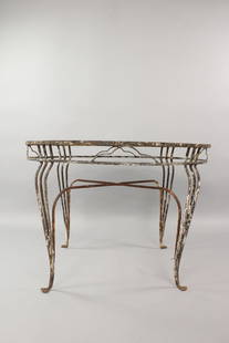 Black Painted Wrought Iron Round Patio Table: Black Painted Wrought Iron Round Patio Table. Has a Mid Century Modern and Art Deco design to it. This table has mesh top, simple curved legs. Would go well with most mid century modern outdoor chairs