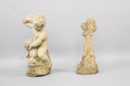 Pair of Cast Stone Concrete Statue Sculptures, Cupid & Woman with Basket