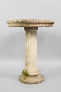 Cast Stone Concrete 2 Piece Garden Birdbath with Moss: Cast Stone Concrete 2 Piece Neoclassical Garden Bird Bath. Nice bird bath with column base and round top comes apart into 2 pieces for easier transport. A patch of moss remains on the base. Dimensions