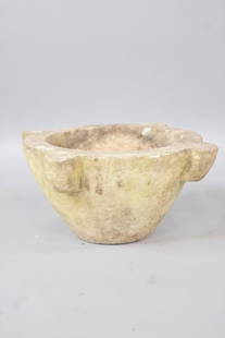 Carved White Stone Mortar, Garden Birdbath or Planter: Carved Stone Mortar, Garden Bird bath or Planter. Originally used as a mortar in kitchen or apothecary, now ready to be a delightful birdbath or planter in your garden. Dimensions are 8 in h x 17.75 i