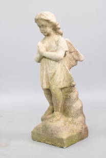 Carved Limestone Garden Angel Statue Sculpture: Carved Limestone Garden Angel Statue Sculpture. Though wing tips are broken, this still lovely statue has nice patina and some moss on the base. Dimensions are 24 in h x 10.5 in w x 7.5 in d. Conditio