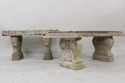 Lot of 2 Neoclassical Cast Stone Concrete Garden Benches