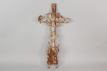 Cast Iron Faux Bois Cross Sculpture
