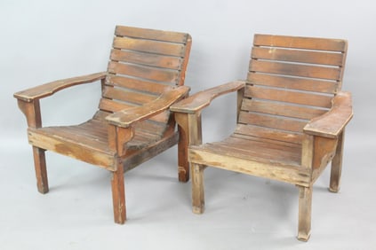 Pair of Wooden Slatted Outdoor Adirondack Style Chairs