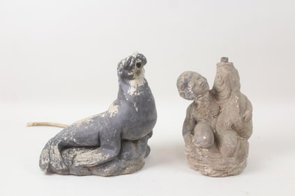 Lot of 2 Cast Stone Concrete Fountains, Seal and Boy with Fish