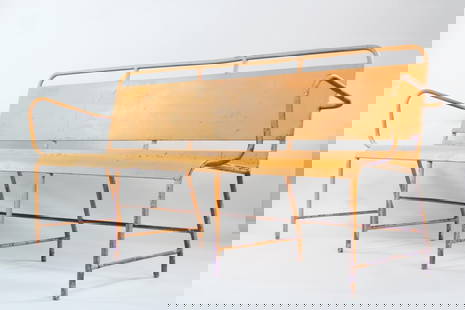 Metal Streamlined Hospital Bench Painted Orange: Industrial Metal Streamlined Hospital Bench Painted Orange. These benches are often referred to as being from a Hospital or a Train Depot, basically for public use for waiting. Dimensions are 36 in h
