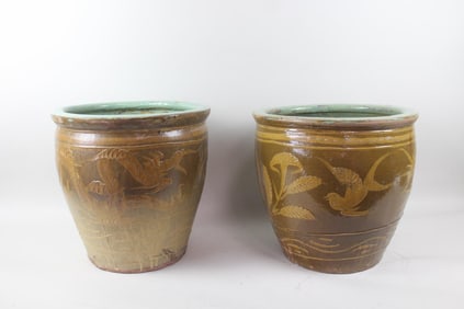 Pair of Large Stoneware Asian Planters with Bird Decoration, Chinese