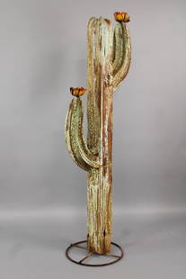 Rusty Metal 5ft Cactus Garden Sculpture: Rusty Metal Cactus Garden Sculpture. Lifesize cactus with nice color and rusty patina. Could also be a nice decoration indoors. Dimensions are 65 in h x 18 in w x 16 in d. Condition is good. Please ca