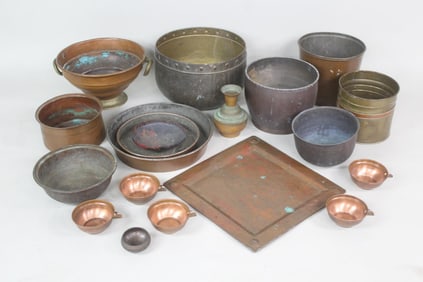 Large 19 Pc Lot of Brass & Copper Vessels
