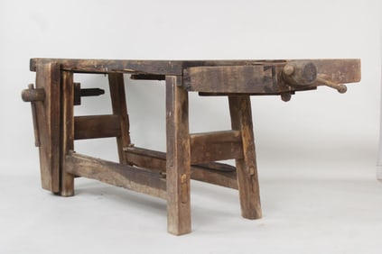 Large Primitive Wooden Carpenter's Workbench with Vise