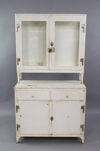 Industrial Step Back Medical Dental Cabinet: Industrial Step Back Medical Dental Cabinet. This is two pieces, the top attaches to the base. At top it has two glass doors which are currently locked. Dimensions are 68 in h x 36 in w x 17 in d. Con