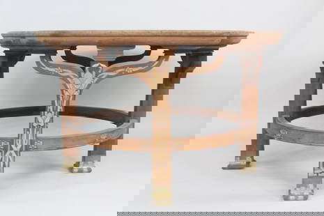 Arts & Crafts Floral Inlaid Table: Arts & Crafts Floral Inlaid Table. This table is a project in need of restoration, but what a beauty it could be. Brass footed, inlays of Art Nouveau flowing flowers. Very interesting table. Dimension
