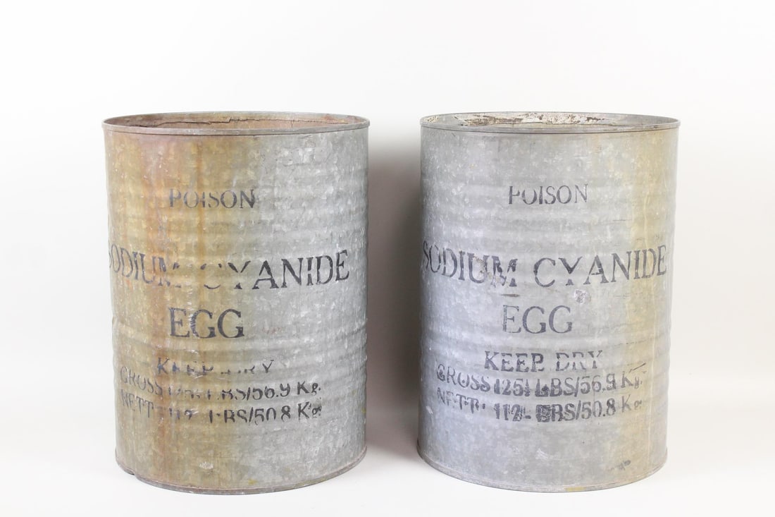 Industrial Poison Sodium Cyanide Egg Drums, Trash Can: Industrial Poison Sodium Cyanide Egg Drums. Great to use as trash cans. These galvanized metal round canisters have ribbed sides and open tops, marked as Poison, Sodium Cyanide Egg, Keep Dry. Dimensio