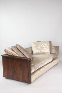 Mid-Century Modern Gray Velvet Sofa: Mid-Century Modern Gray Velvet Sofa. Unusual sofa with left arm made of wood, this wood end has been added later in life, not original to the sofa. Includes 5 cushions. Dimensions are 28 in h x 96.25