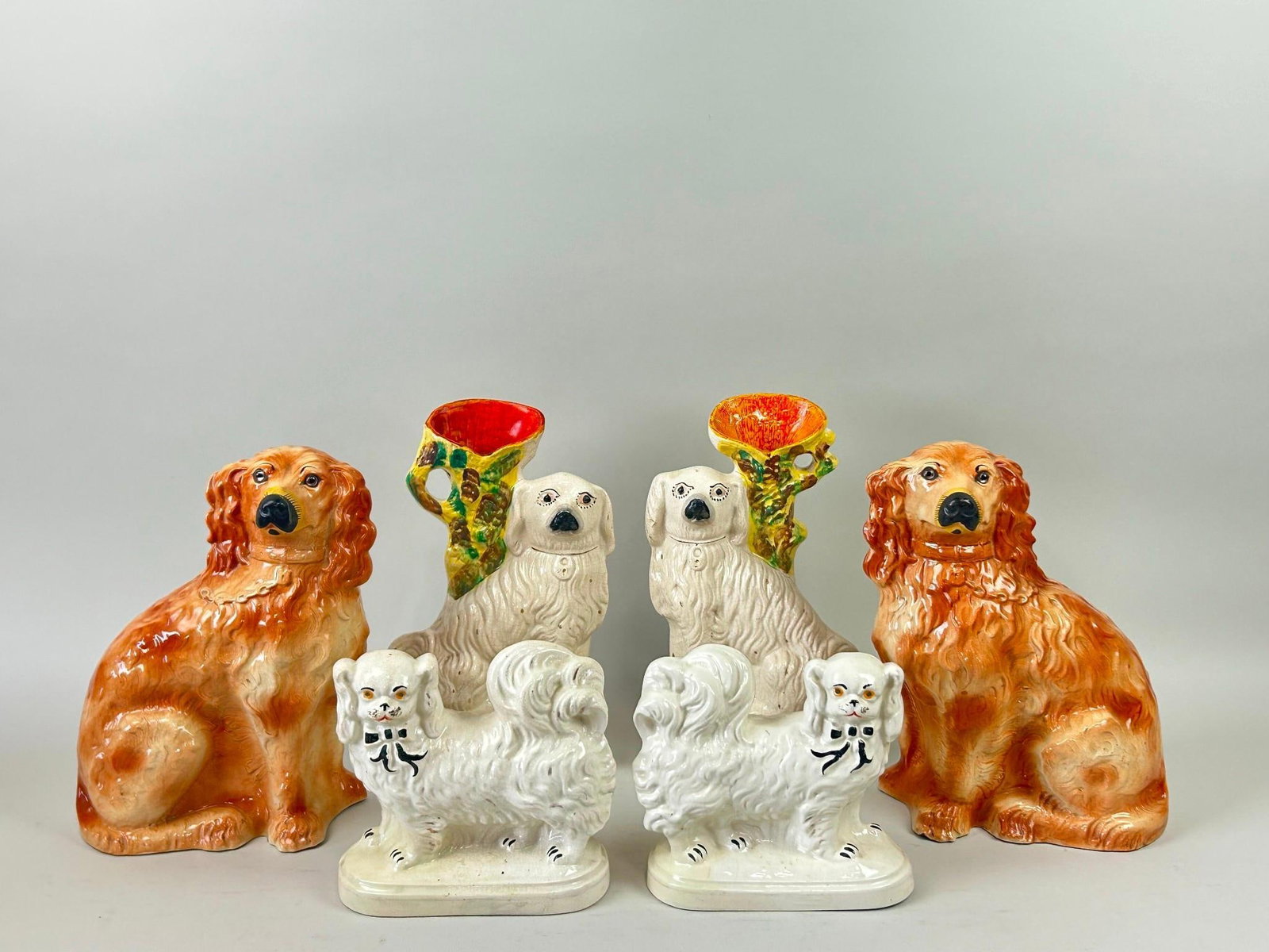 3 Pairs of Large Staffordshire Dog Figures; Spaniel Spill Vases, Spaniels & Pekingese (1 of 17)