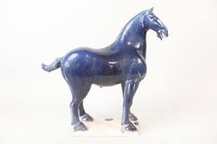 Tang Dynasty Style Blue Glazed Ceramic Horse Sculpture, Gumps of San Francisco