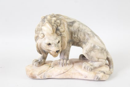 Carved Alabaster Lion Sculpture with Glass Eyes