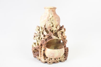 Chinese Carved Soapstone Vase and Brush Pot