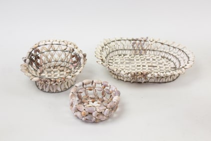 Lot of 3 Folk Art Seashell Decorated Wire Baskets