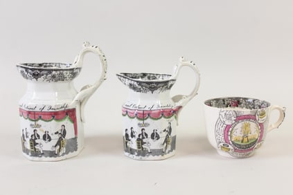 Group of Staffordshire Pearlware, Pitchers & Cup, The Farmers Arms