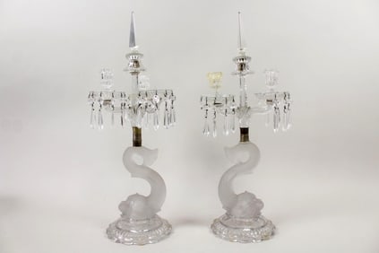 Pair of Baccarat Style Crystal Dolphin Candelabras