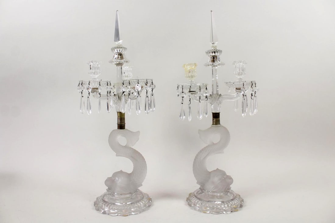 Pair of Baccarat Style Crystal Dolphin Candelabras (1 of 12)