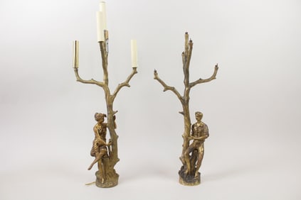 Pair of Bronze Tree & Figures Candelabra Lights