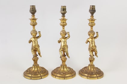 Lot of 3 Neoclassical Gilt Metal Cherub Table Lamps
