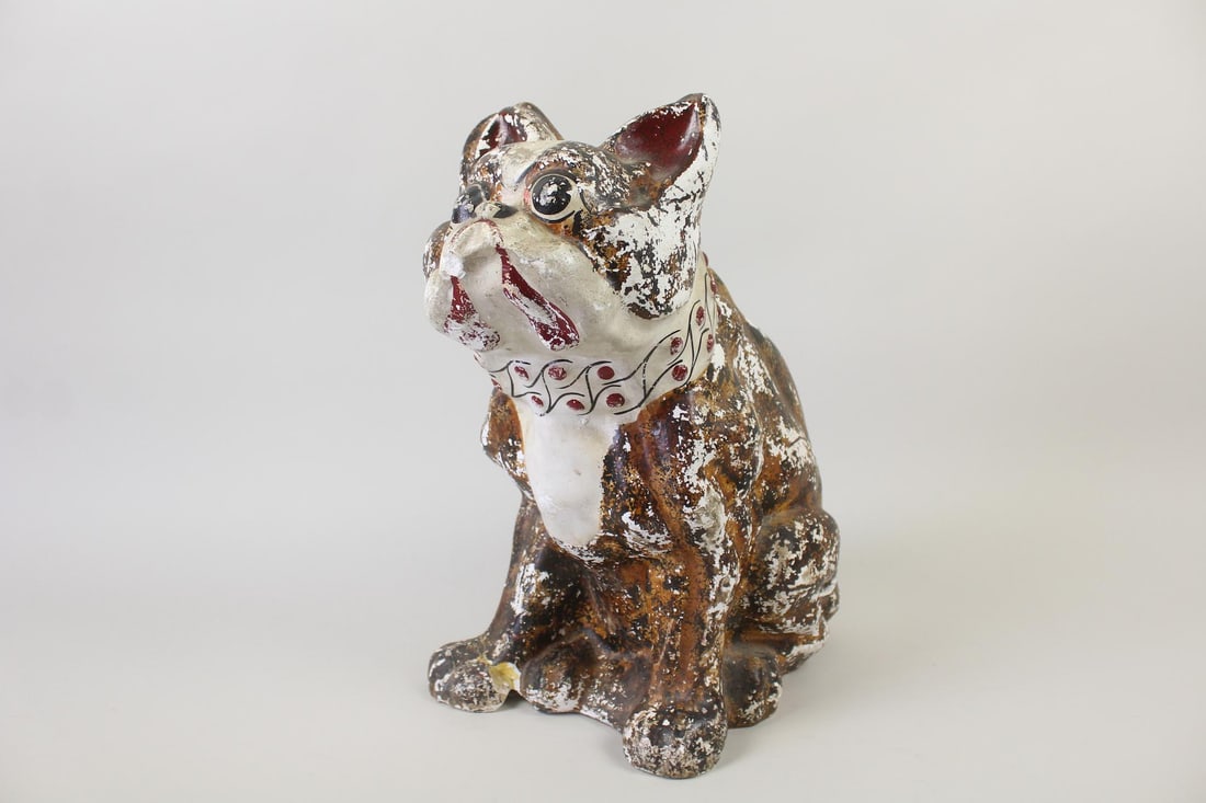 Folk Art French Bulldog Plaster Sculpture: Painted Folk Art French Bulldog Dog Plaster Sculpture. Painted plaster sculpture of a French bulldog, with so much personality. Dimensions are 17.75 in h x 10.25 in w x 13.5 in d. Condition is good wi