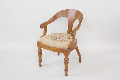Spoon Back Oak Chair with Floral Needlepoint Seat
