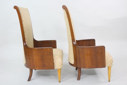 Pair of Italian Mid-Century Modern Walnut Tall Back Armchairs