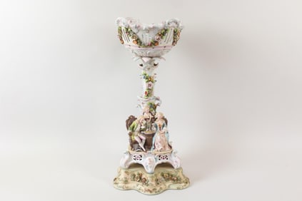 Dresden Style Porcelain Compote Centerpiece, Figures Playing Chess