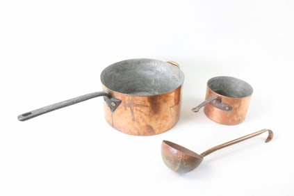 Antique Copper Cookware Lot; 2 Pots & Ladle