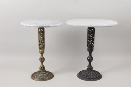Lot of 2 Marble Top Ornate Pierced Metal Stands