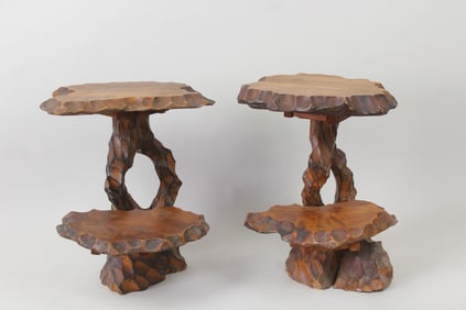 Pair of Small Japanese Natural Carved Wood 2 Tier Pedestal Stands