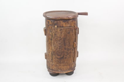 Primitive Wooden Bar Cabinet Made from a Tree Trunk Barrel