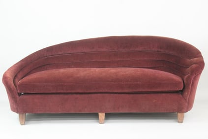 Art Deco Maroon Velvet Asymmetrical Curved Sofa