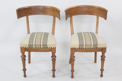 Pair of Wooden Klismos Chairs with Striped Upholstery
